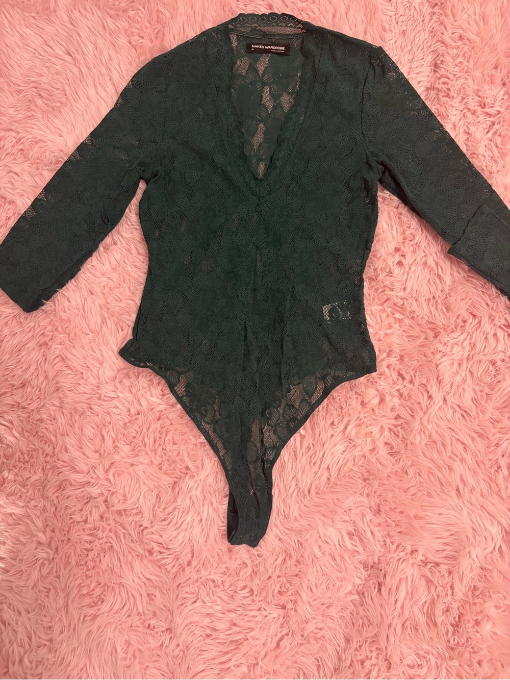 Naked Wardrobe Dark Green Lace V-Neck Long Sleeve (2) Piece Lace Set